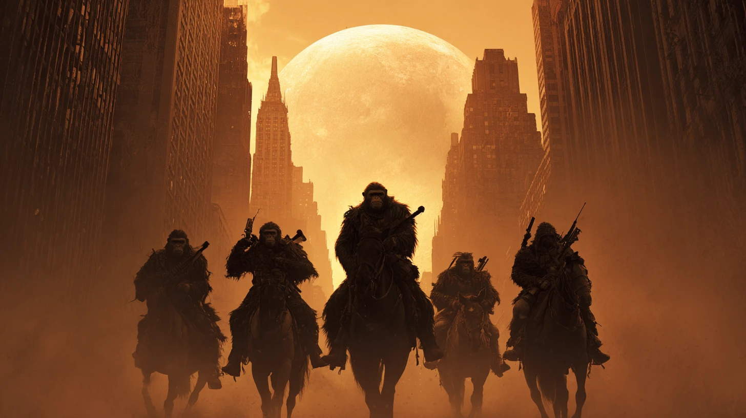Groupe de guerriers dans une rue en ruine d’un New York post-apocalyptique