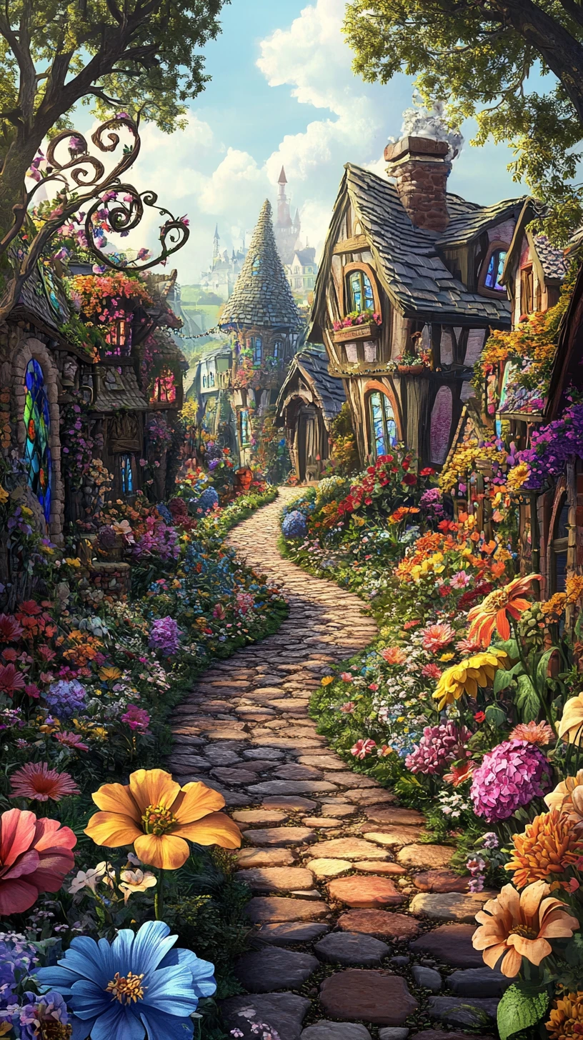 Verspielter Fantasy-Dorfgarten mit geschwungenem Steinpfad