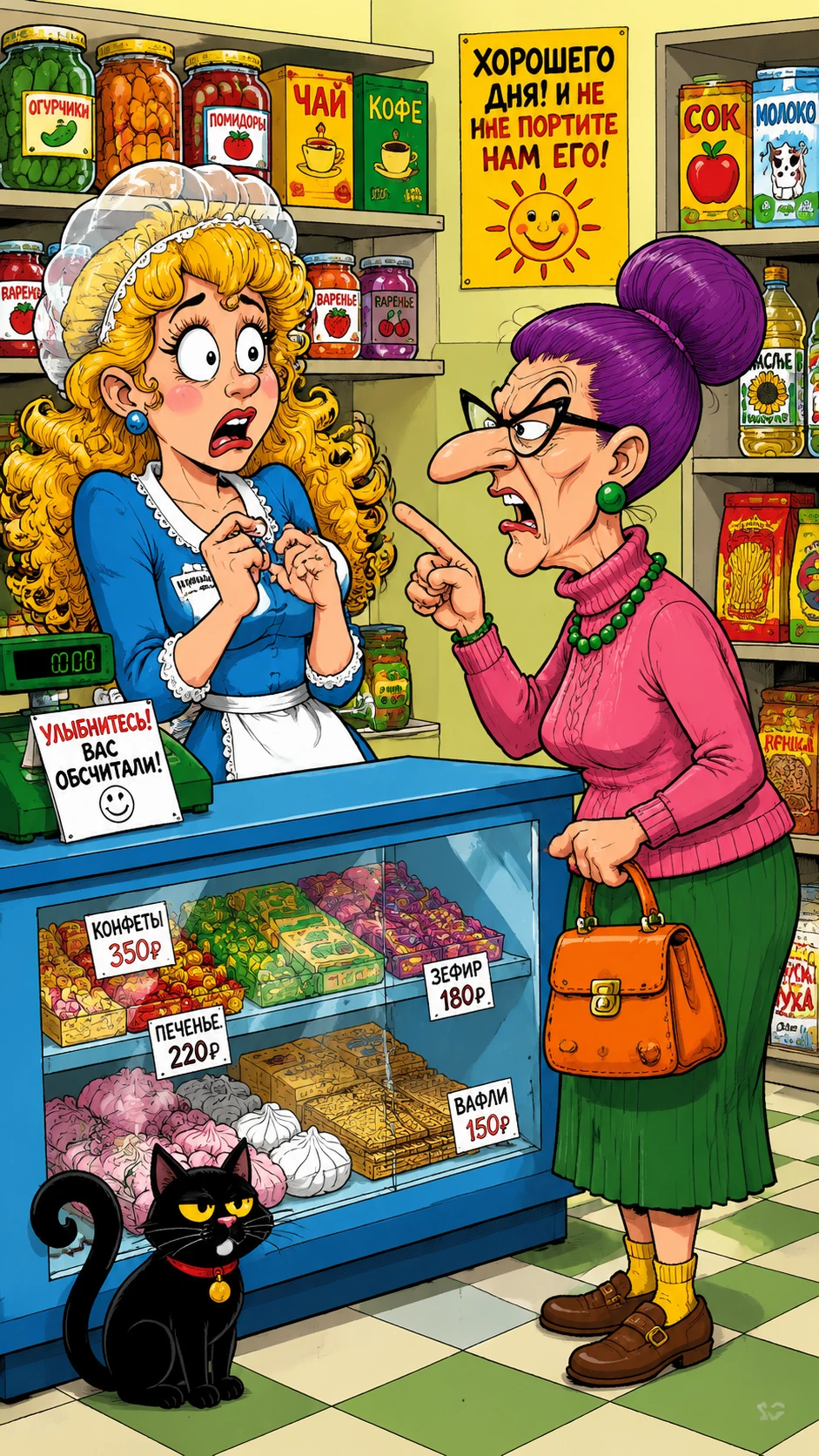 Cena cômica de duas mulheres discutindo em um supermercado