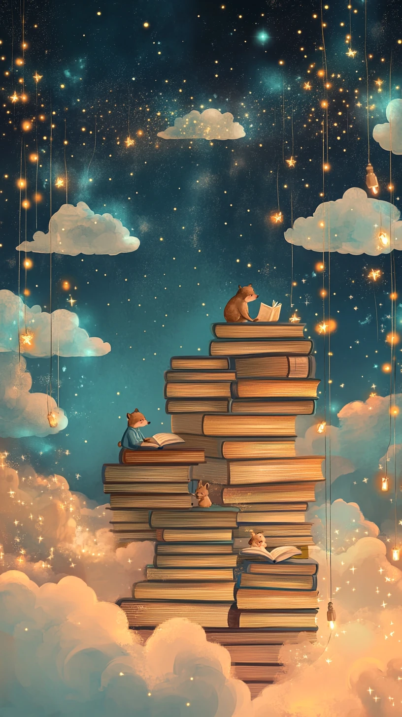 Libri di fiabe pastello con piccoli animali sotto lucine fatate brillanti