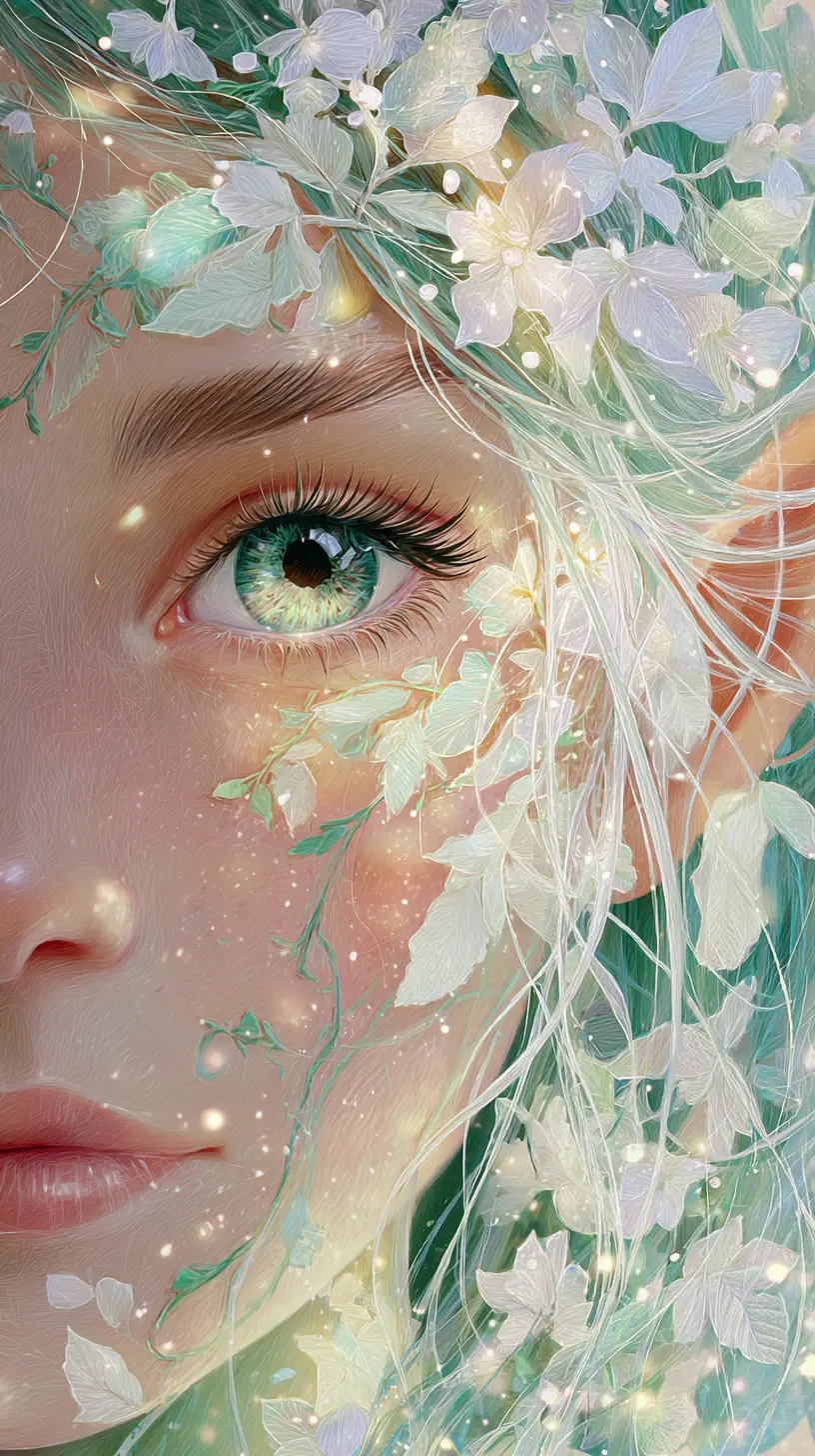Ethereal spring nymph portrait in watercolor and ink