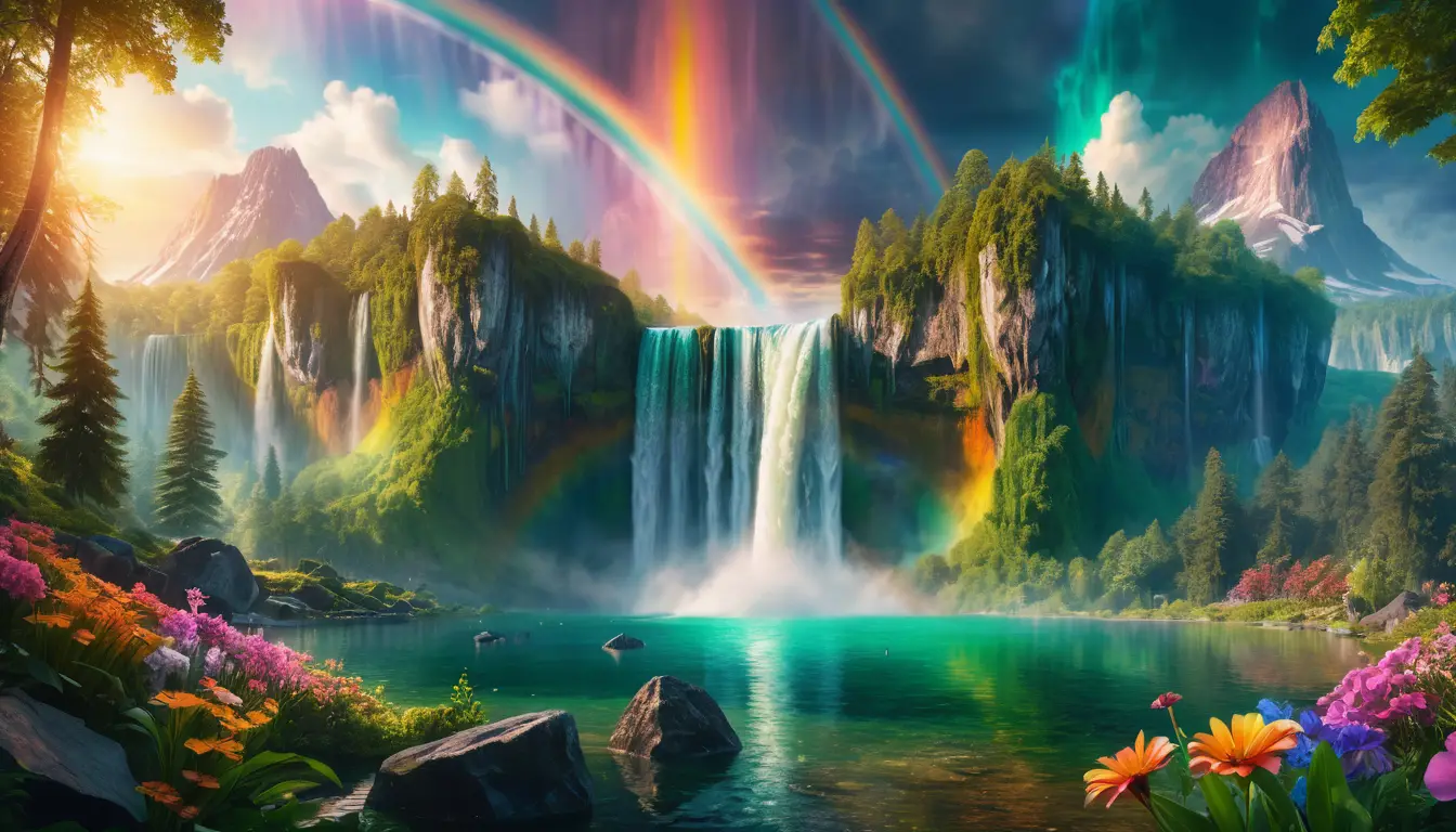 Magische Wasserfalllandschaft in einem smaragdgrünen Fantasiewald