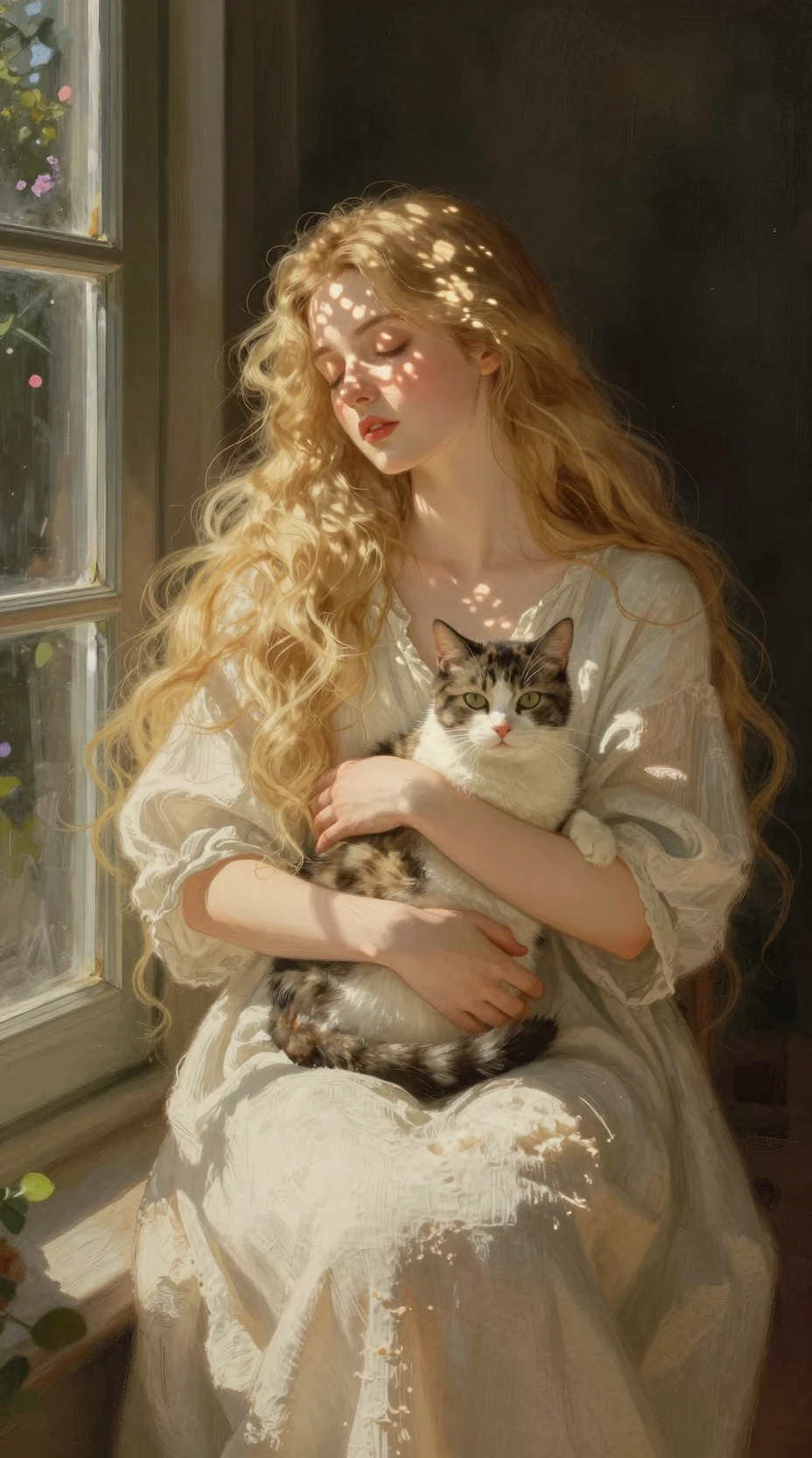 Mulher loira descansando com gato perto de uma janela iluminada pelo sol