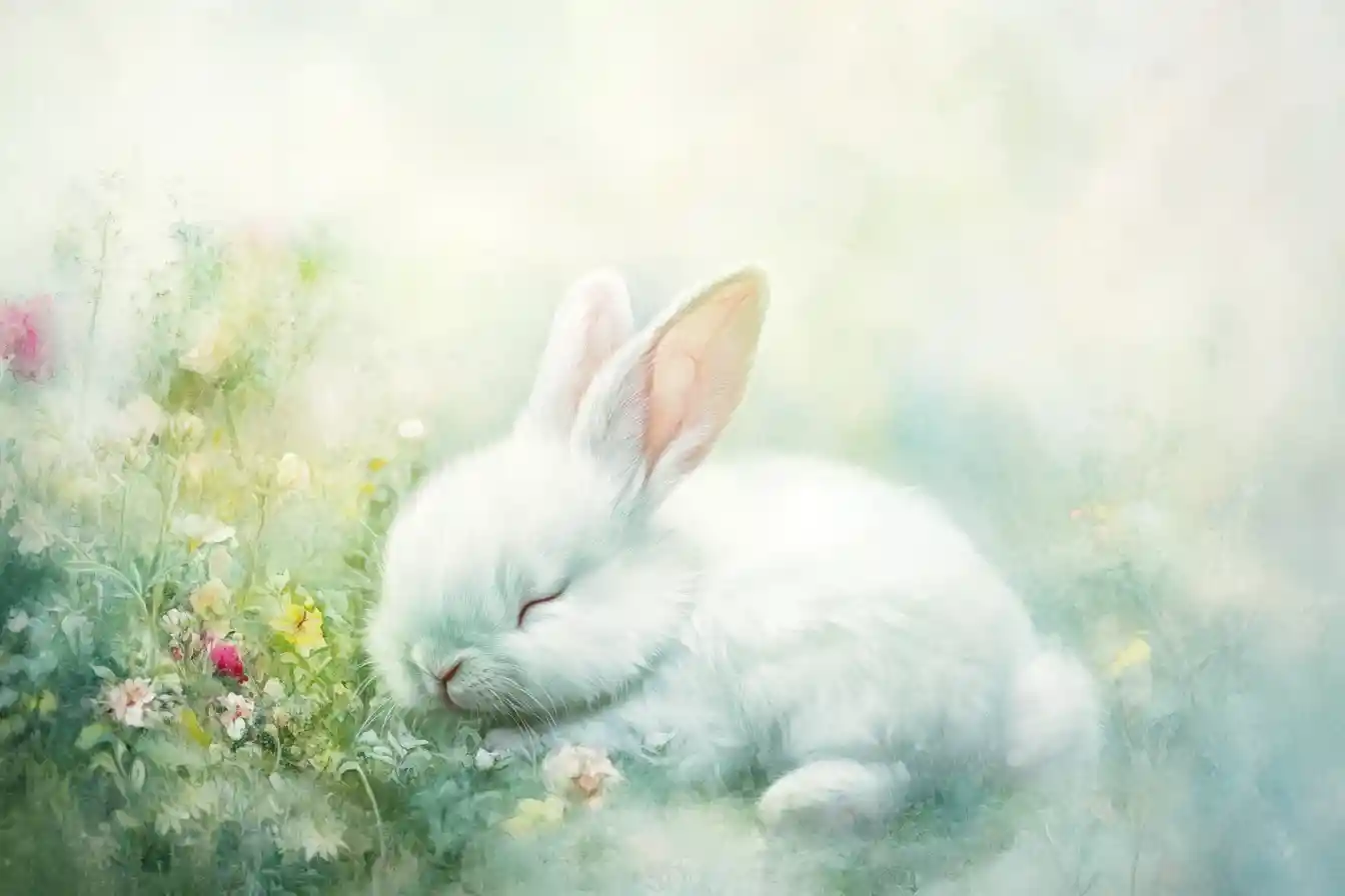Watercolor baby rabbit in a soft spring garden scene