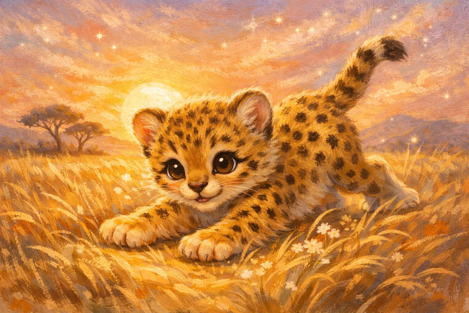 夕暮れの黄金色のサバンナで遊ぶチーターの赤ちゃん