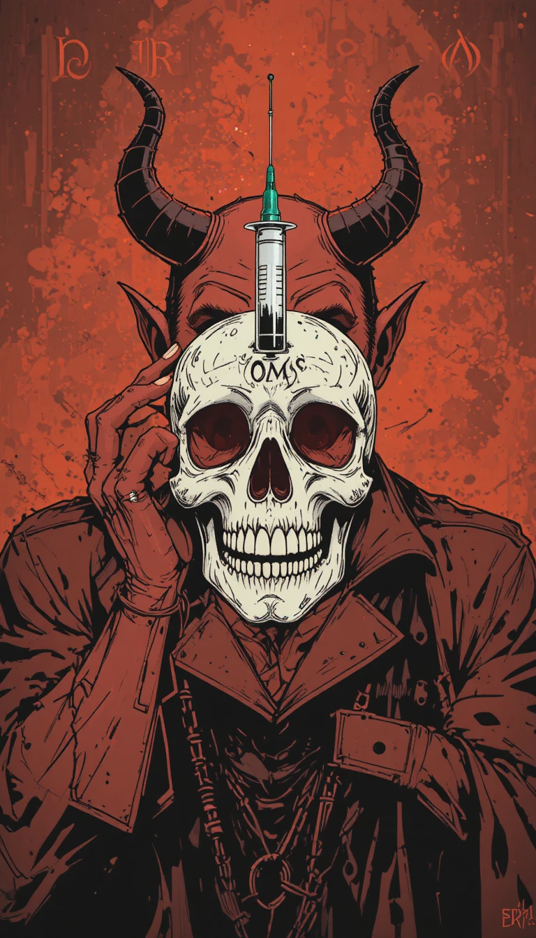 Devil holding letters and syringe inside a skull