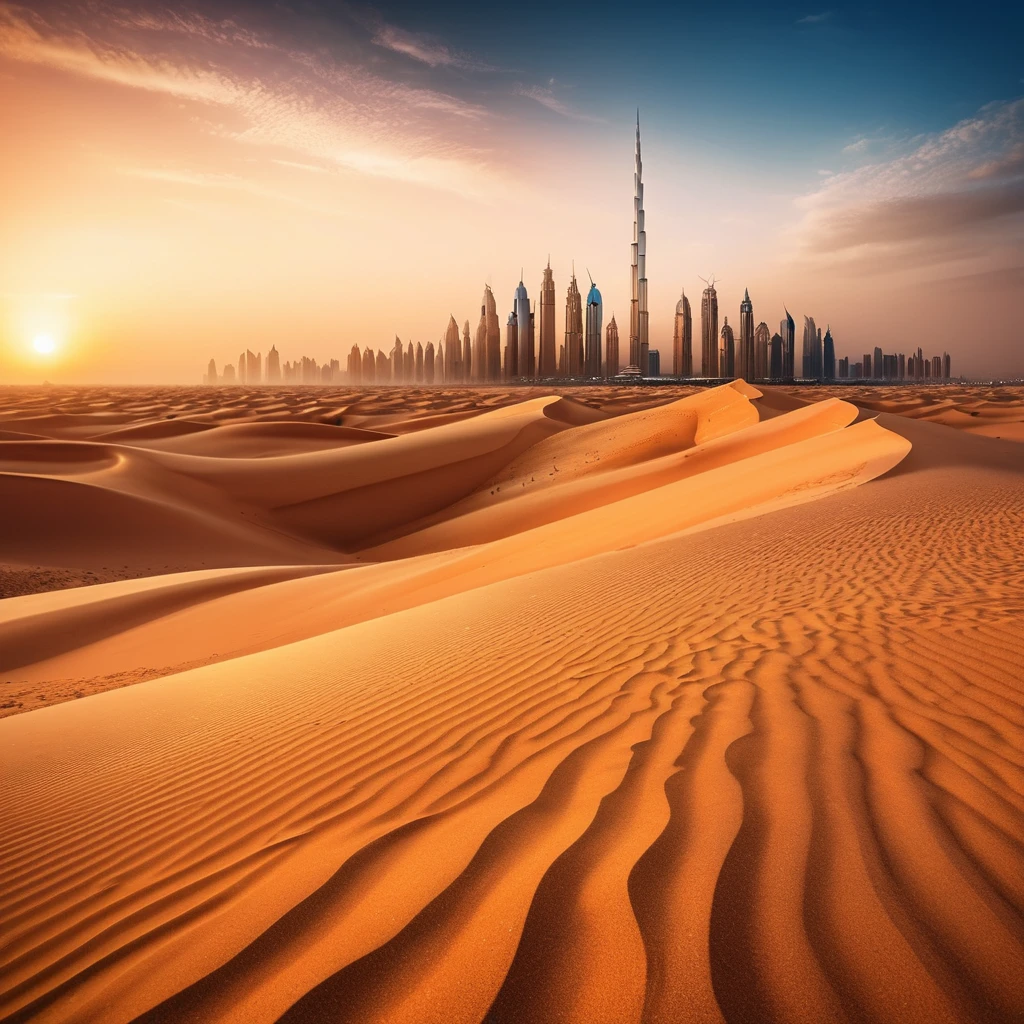 Dunes du désert de Dubaï avec skyline illuminée au coucher du soleil