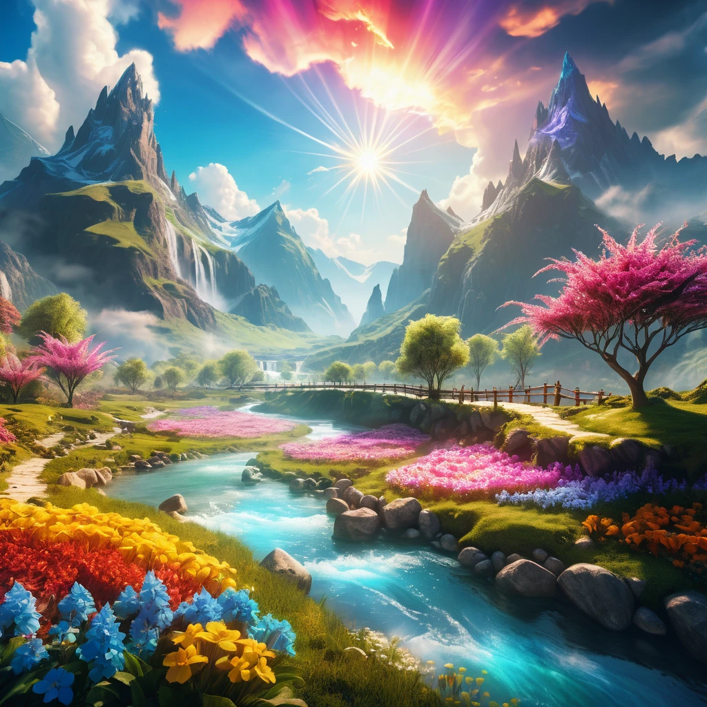 Vallée fantastique de rêve avec rivière lumineuse et fleurs