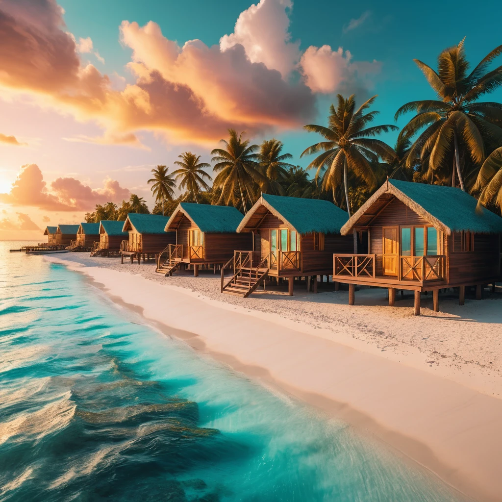 Tropical Maldives bungalows over turquoise ocean at sunset