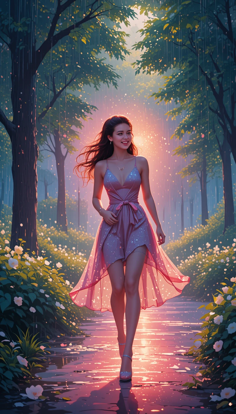 Mulher feliz caminhando por um parque urbano de verão chuvoso