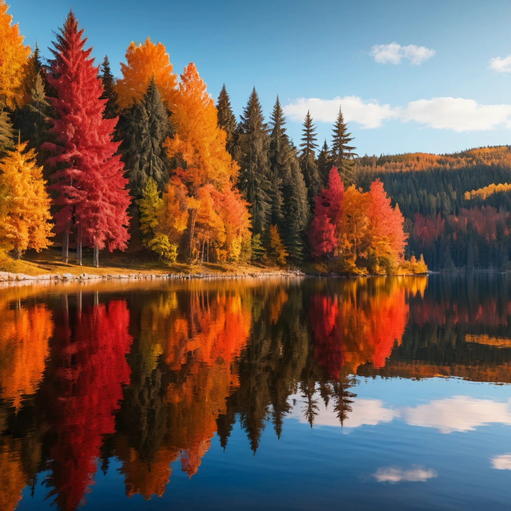 Foresta autunnale e lago con caldi riflessi di sole