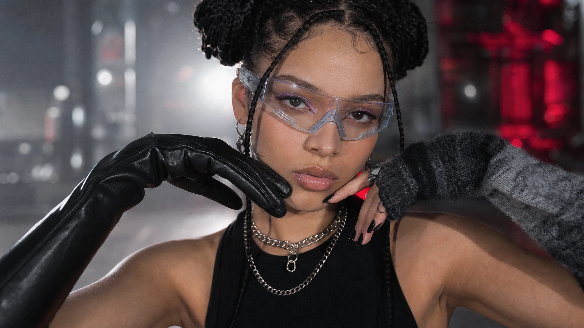 Confident woman with futuristic eyewear in close up portrait