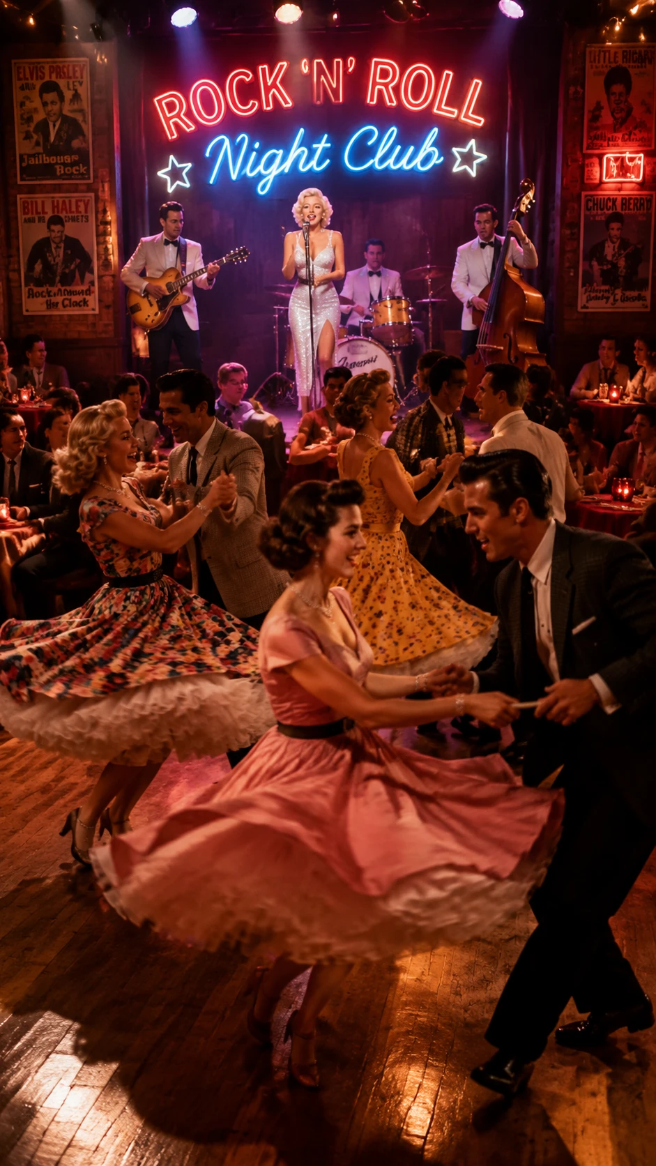 Casais animados dançando rock and roll dos anos 1950 em um salão