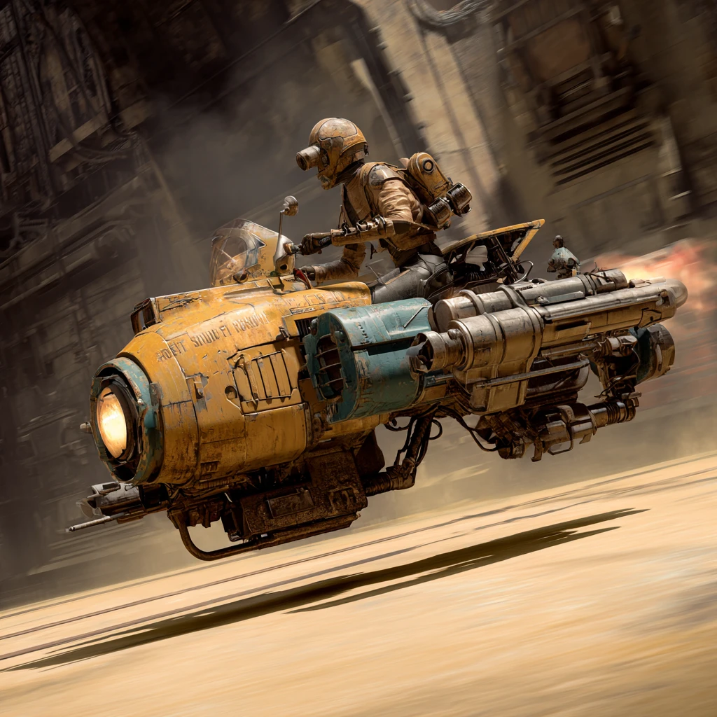 Speeder cargo antigrav futuriste filant dans les rues d’une ville sci‑fi