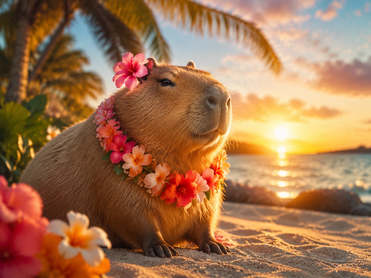 Capivara fofa relaxando em uma praia tropical com flores