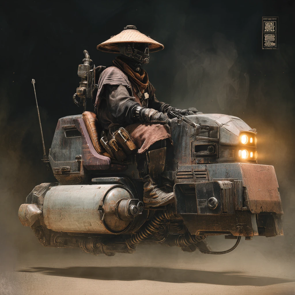 Cargo speeder futuristico sci‑fi in una scena urbana cinematografica