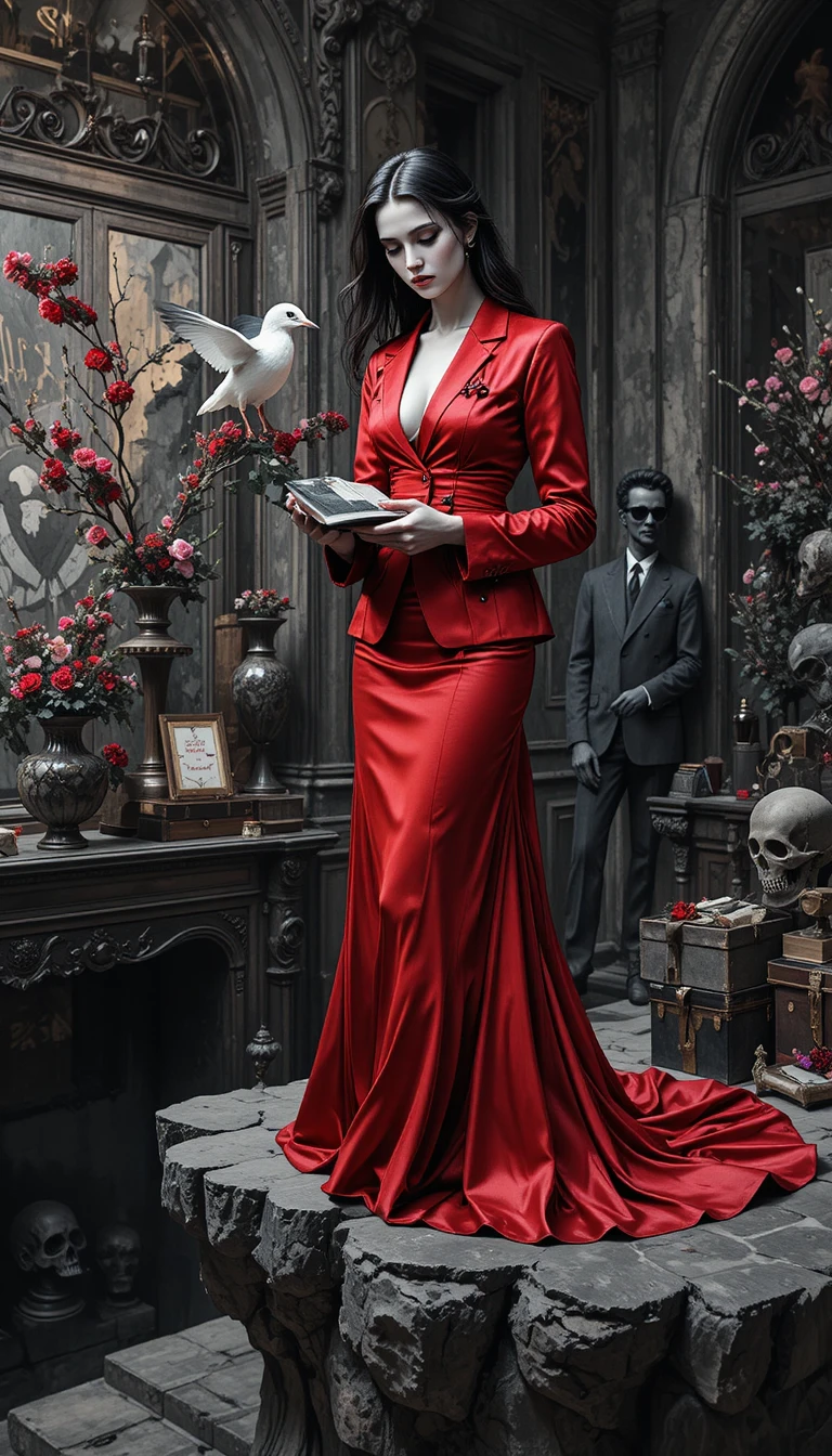 Figura demoniaca in abito rosso in una boutique di lusso