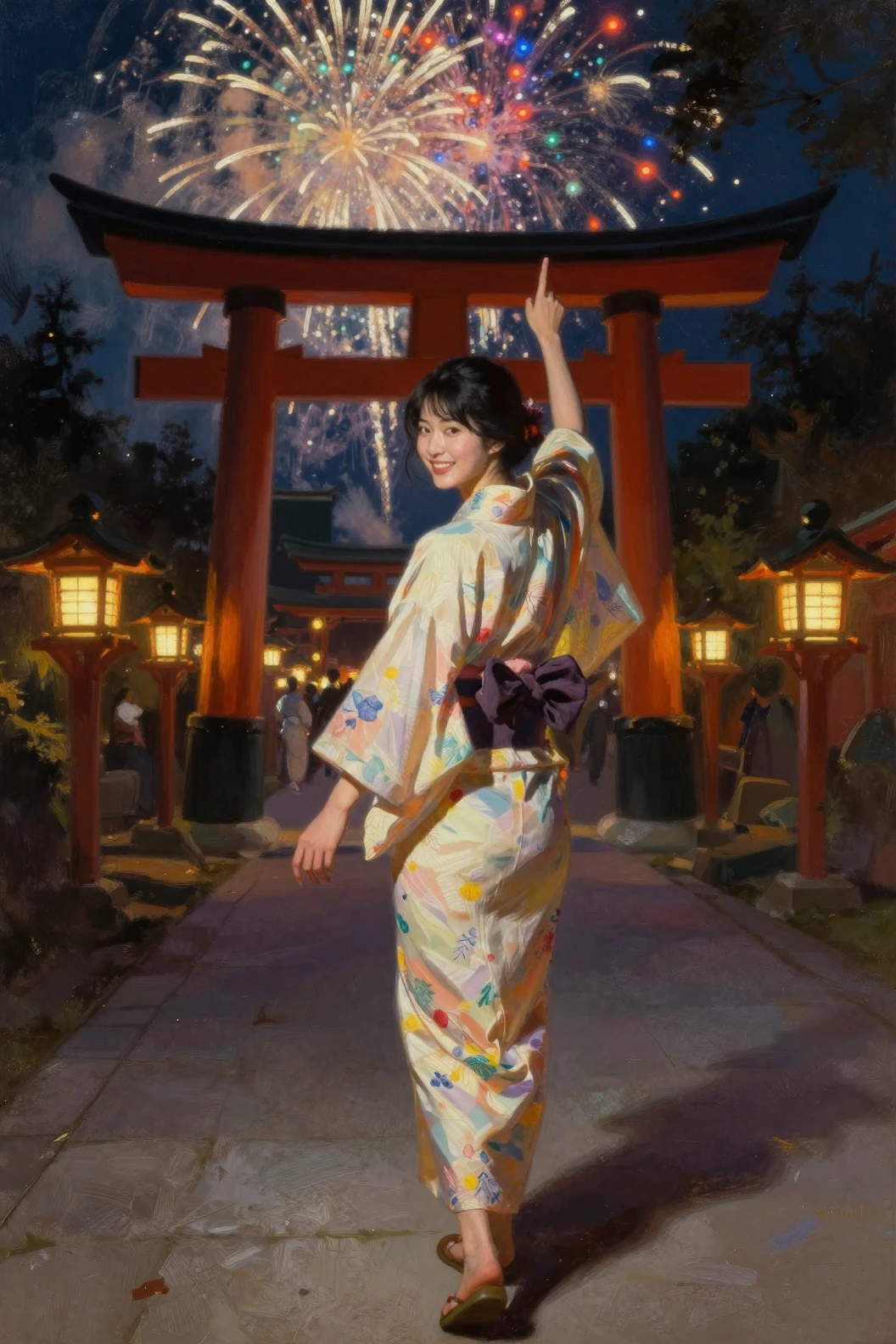 Jovem em yukata em caminho de santuário iluminado por lanternas