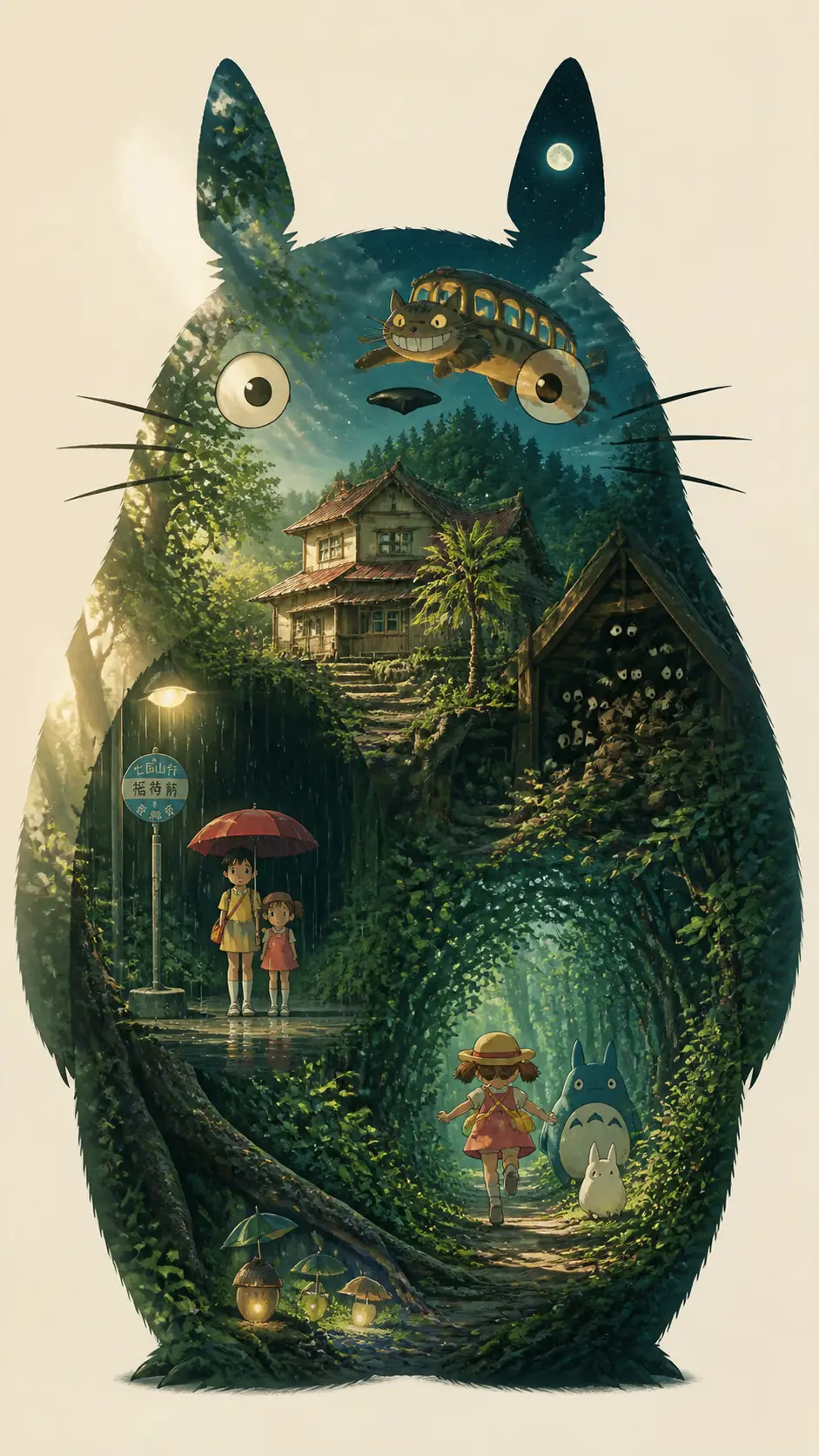 Totoro-Silhouette mit nostalgischen ländlichen Landschaften gefüllt
