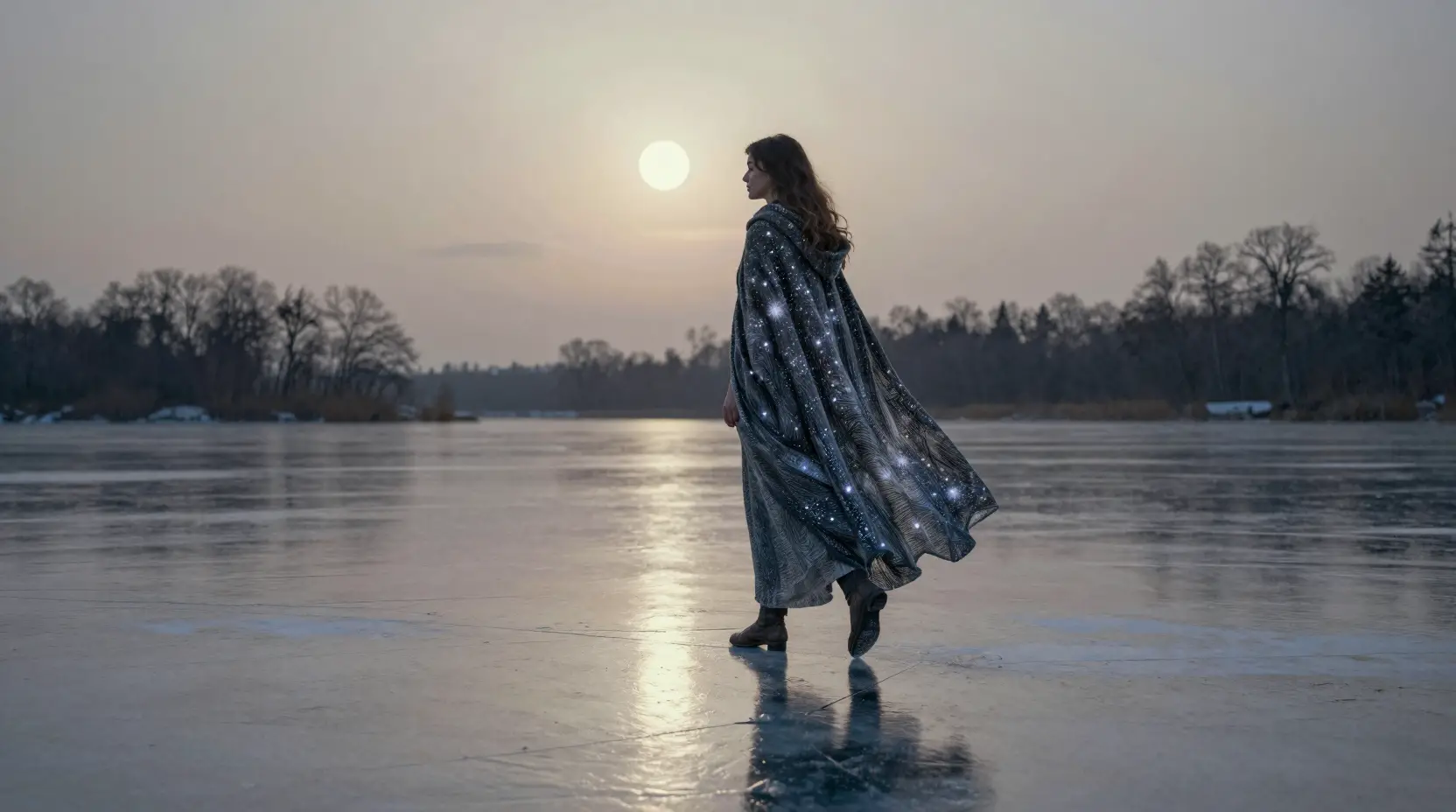 Donna con mantello di luce stellare che cammina su un lago ghiacciato