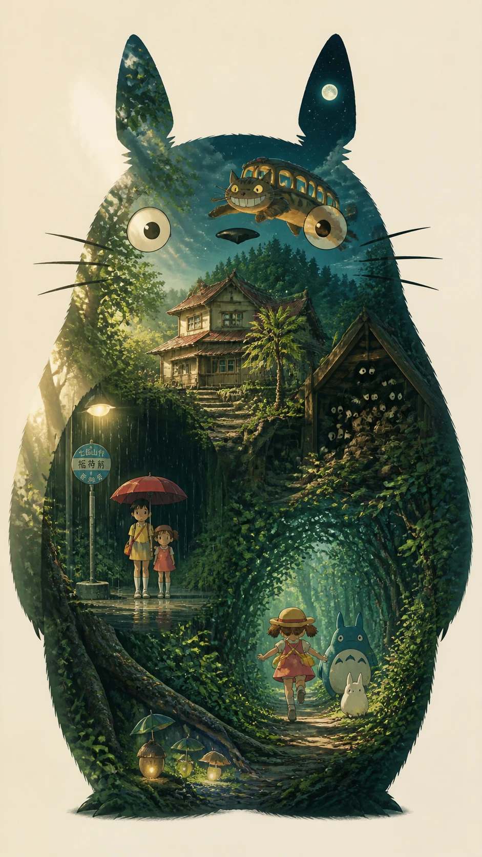 Silhouette de Totoro remplie de scènes champêtres nostalgiques