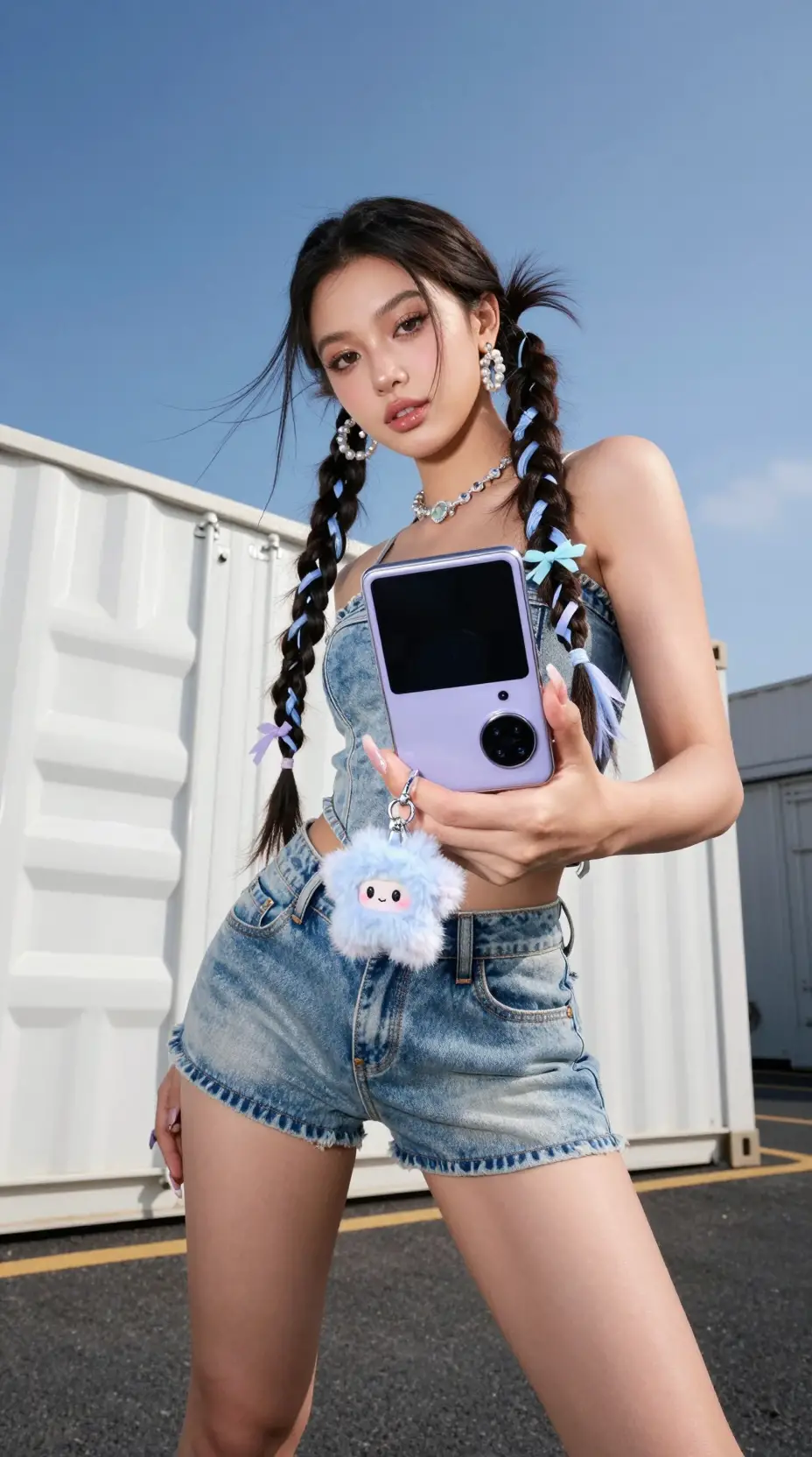 도시 여름 패션 화보에서 클로즈업으로 담은 스타일리시한 여성