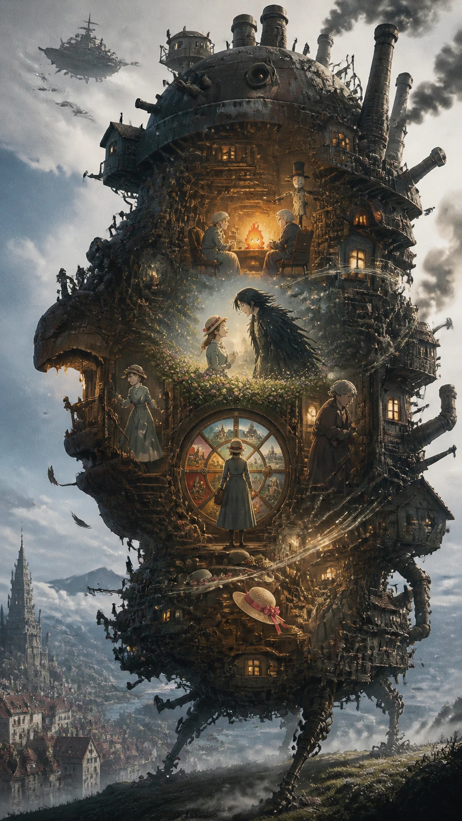 Silhouette d’un gigantesque château mobile remplie d’un monde steampunk intérieur