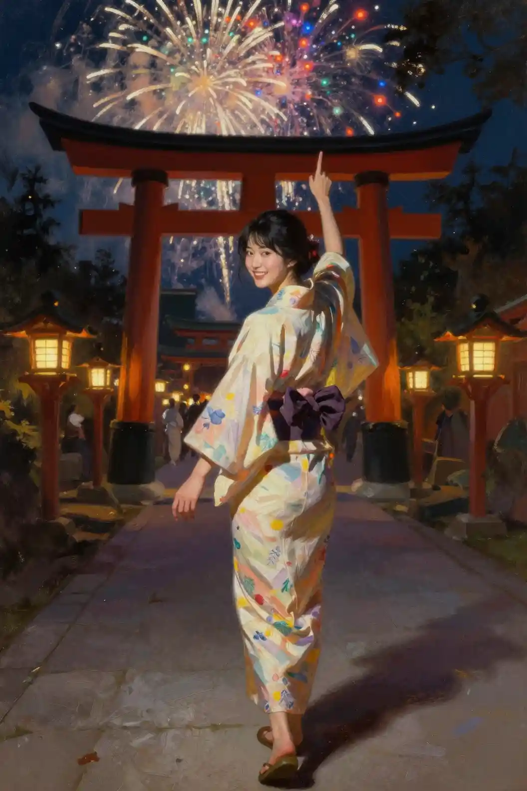 Giovane donna in yukata su un sentiero del santuario illuminato dalle lanterne