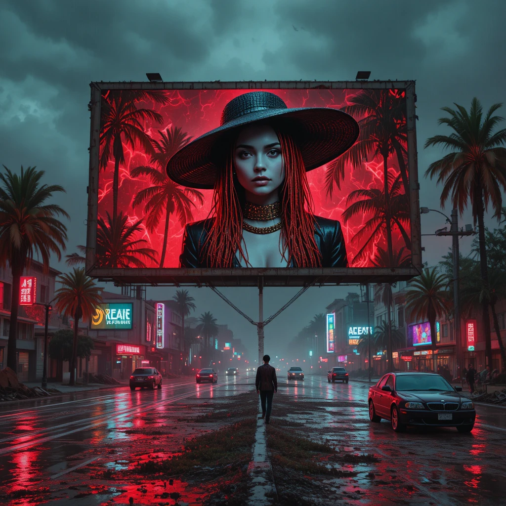 Femme cyberpunk surréaliste sur panneau publicitaire en ruine au-dessus de l’autoroute