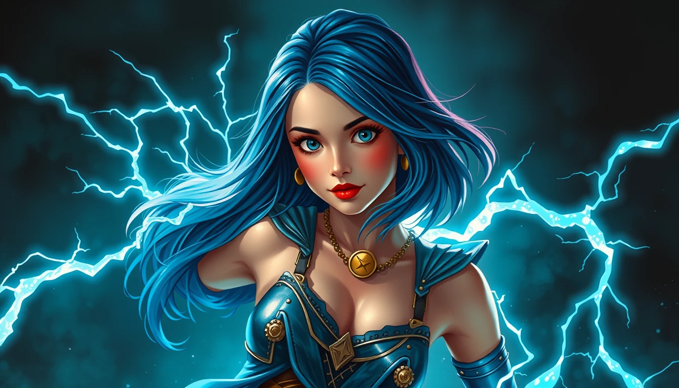 Guerriera dai capelli blu che si lancia tra ombre futuristiche