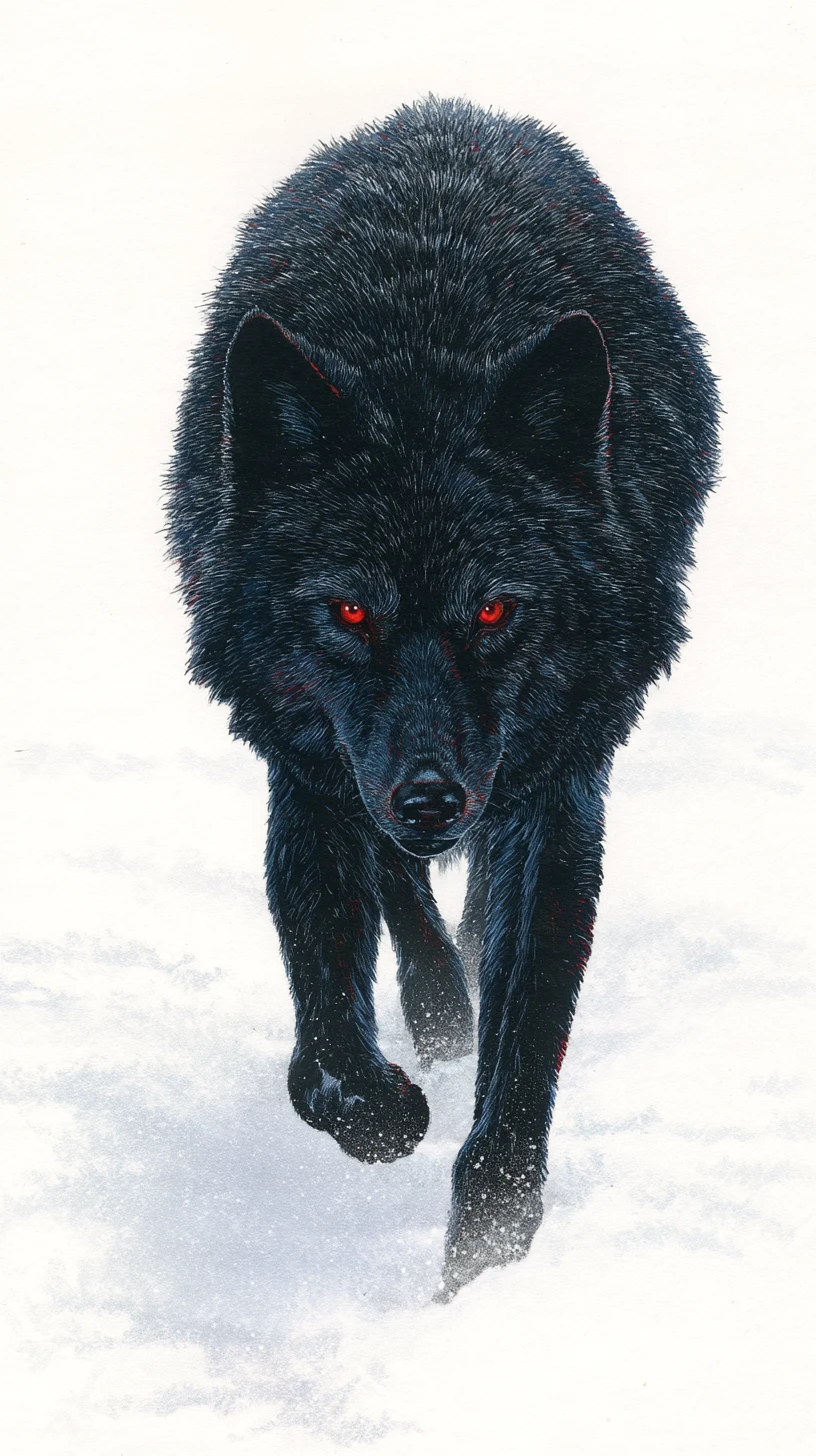 Lobo negro de olhos vermelhos caminhando pela neve branca de inverno