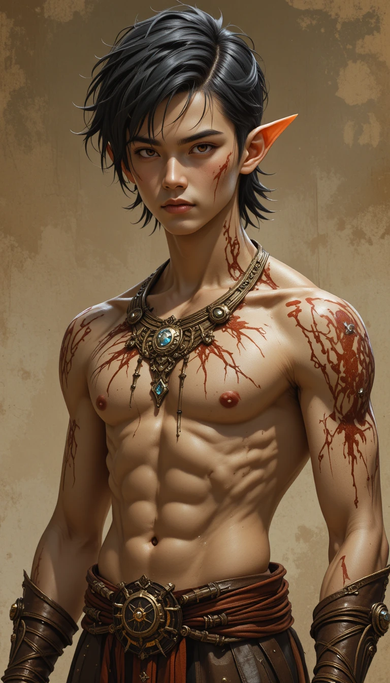 Guerrier de fantasy musclé et balafré aux cheveux sombres et aux yeux rouges