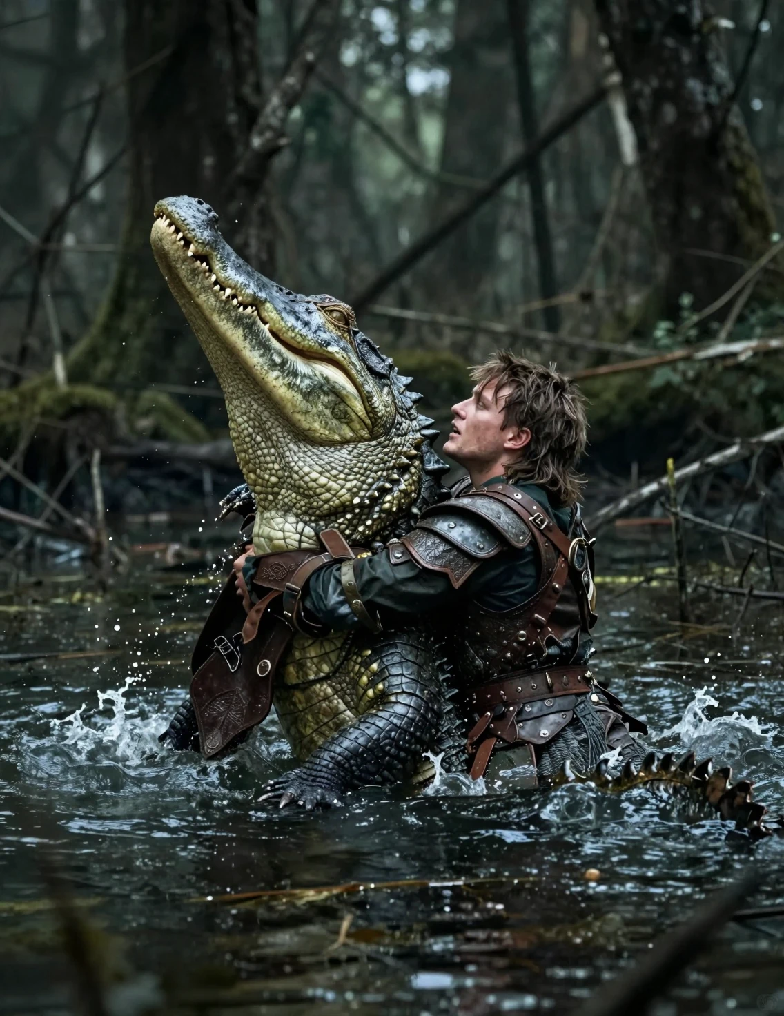 Krieger ringt mit riesigem Alligator im dunklen Waldsumpf
