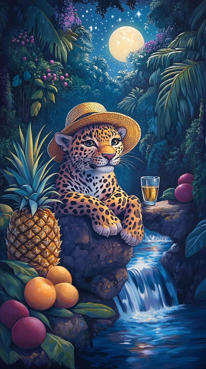Leopardo sorridente con cappello di paglia accanto a un ruscello nella giungla al chiaro di luna