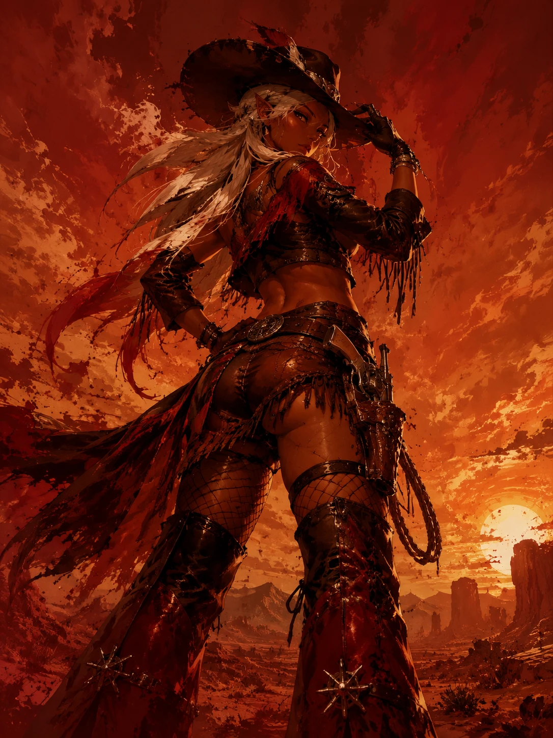 紅色沙漠中的牛仔女戰士與戲劇性夕陽