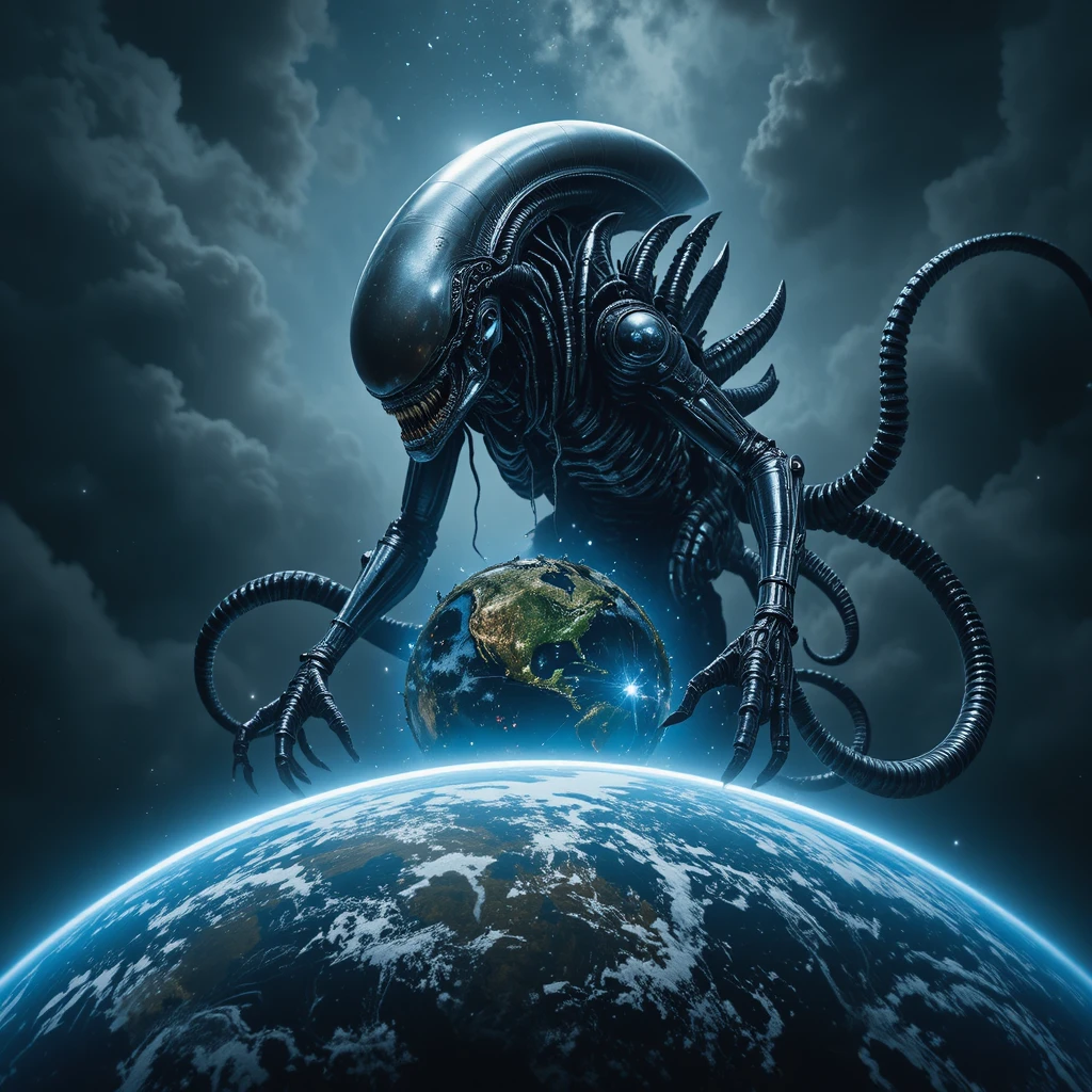 Créature alien sombre agrippant la fragile Terre bleue