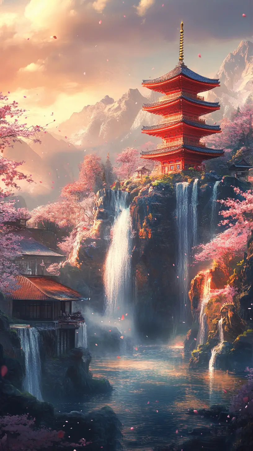 Pagoda e casa da tè giapponese tra cascate su pergamena