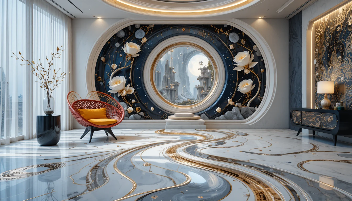 Maison futuriste en céramique dans une oasis urbaine surréaliste