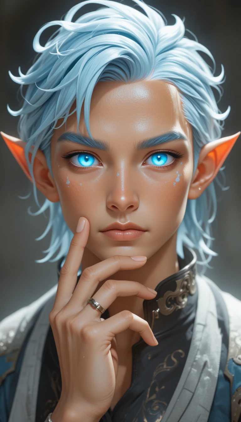 Homme de fantasy à la peau claire, aux yeux bleus et aux cheveux courts ébouriffés