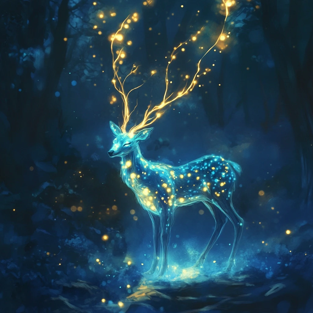 Cervo luminoso em uma tranquila floresta fantástica azul e dourada