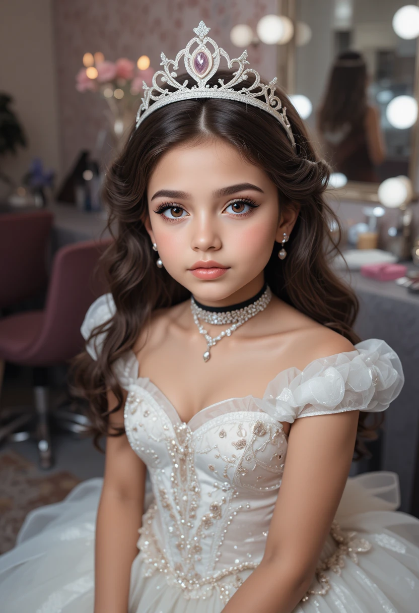 Junger Junge als Prinzessin an einem Schminktisch hinter der Bühne