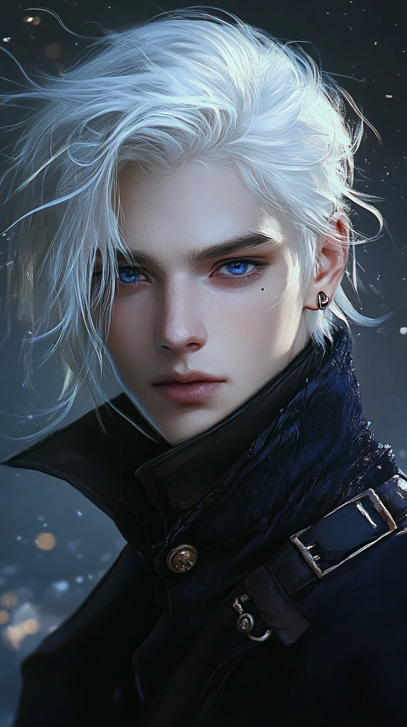 Homem de anime de cabelos brancos com olhos azuis intensos – retrato