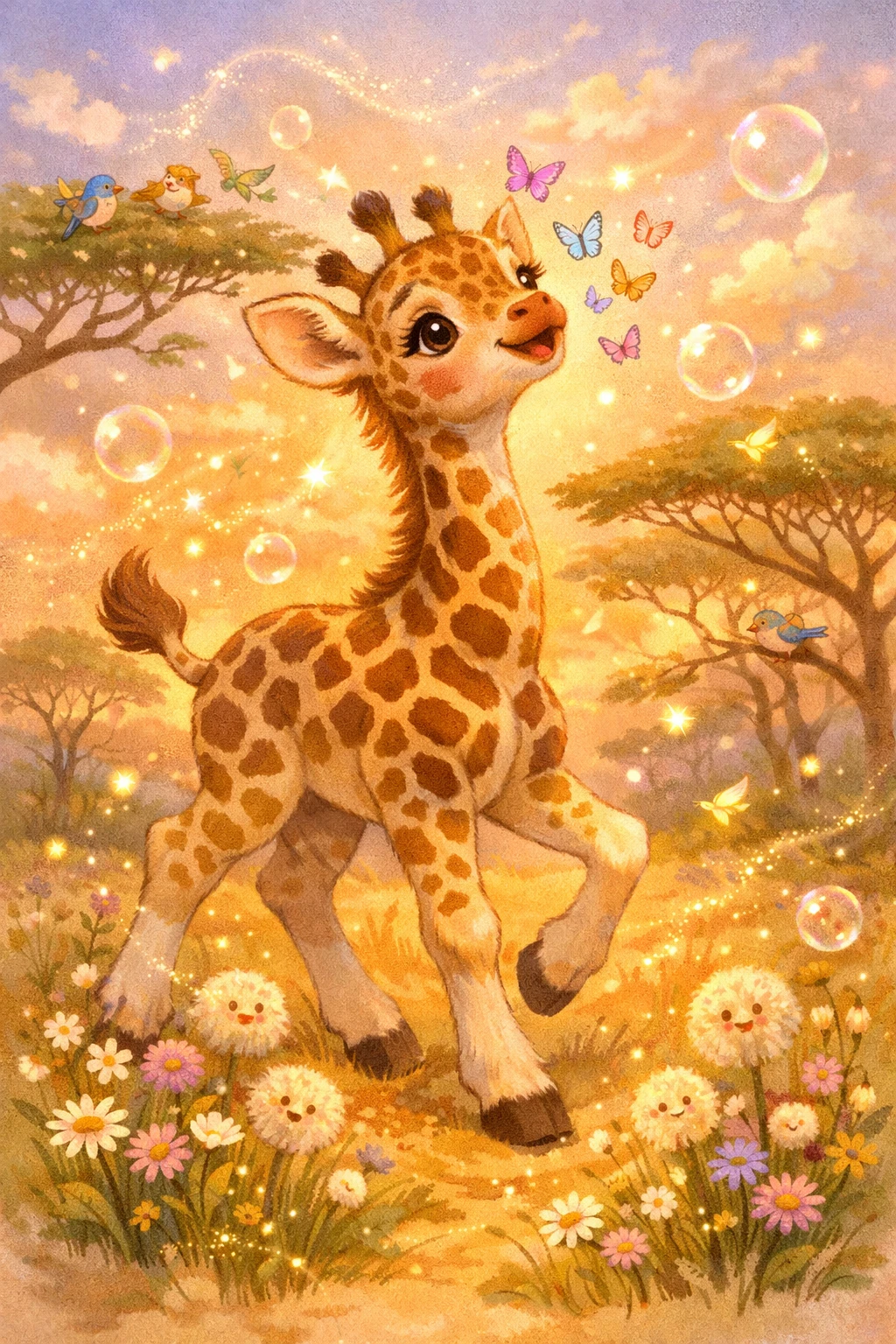 Baby-Giraffe erkundet eine warme Savanne bei Sonnenuntergang