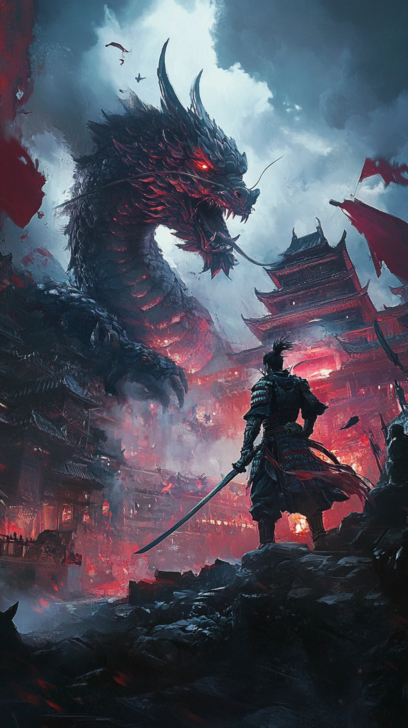 Guerriers héroïques et sombres anti-héros dans une scène de fantasy épique