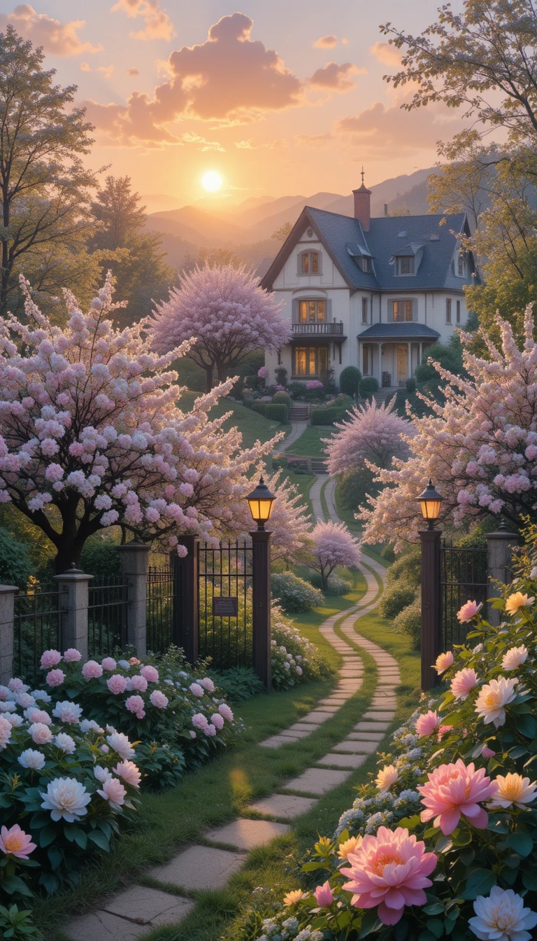 Tramonto su meli in fiore in un giardino