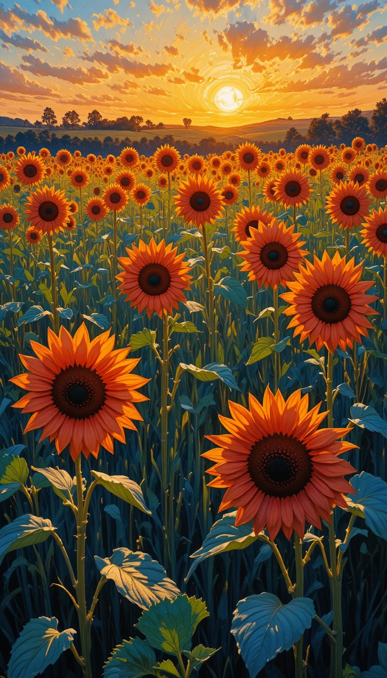 Girassóis brilhando na luz quente do nascer do sol de meio do verão