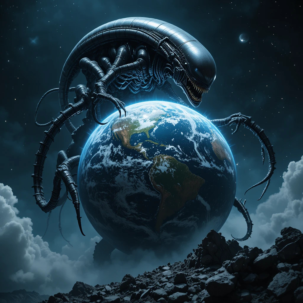 深空中緊抓脆弱地球的巨型外星人