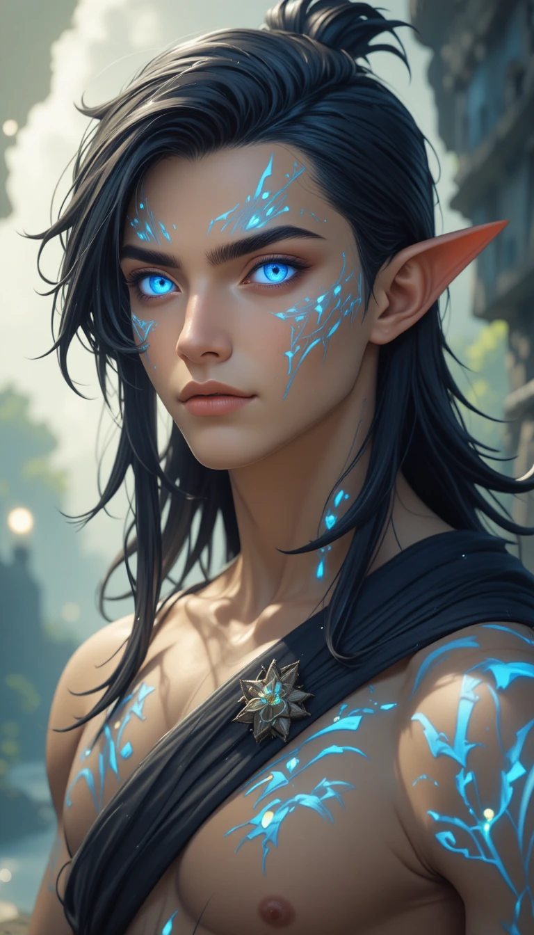 Jeune mage fantastique aux yeux bleus lumineux et marques mystiques