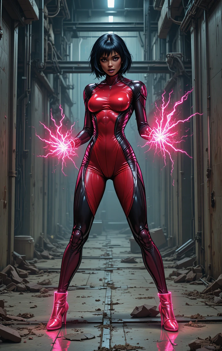 Fierce sci fi woman with neon energy in industrial hall