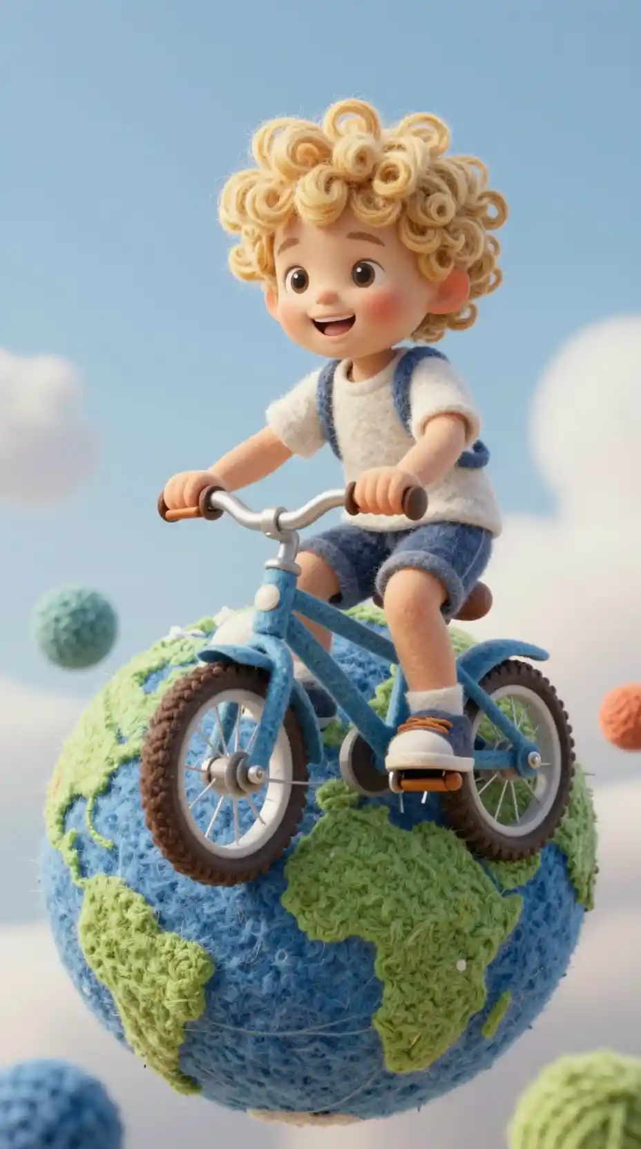 Cheerful Little Boy Riding A Bicycle On Yarn Planet